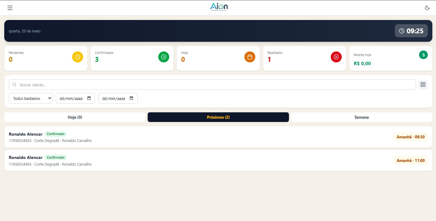 Painel de agendamentos do Aion — sistema de gestão para barbearia com confirmados, pendentes e receita do dia